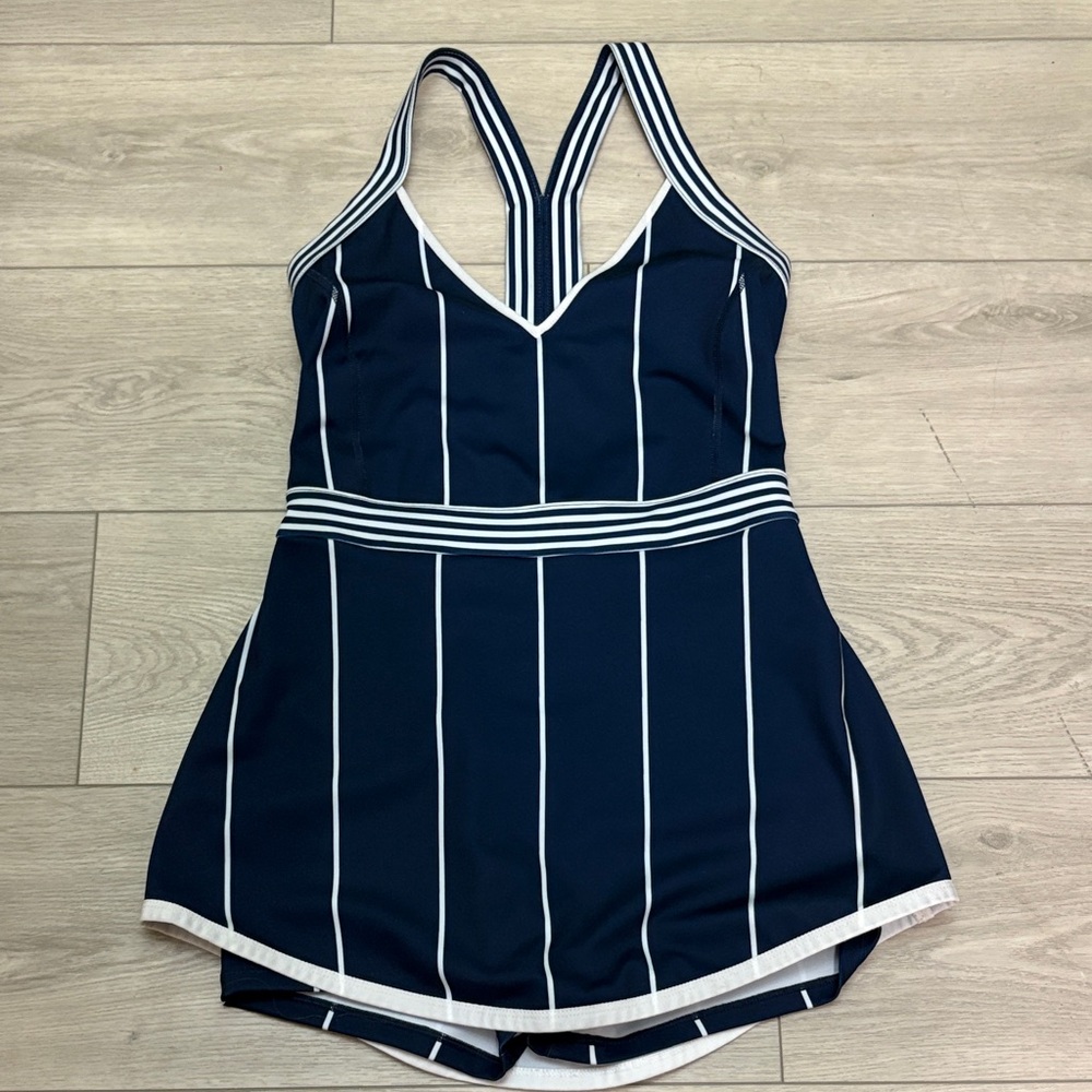 FP Movement by Free People Navy and White Striped Bodysuit